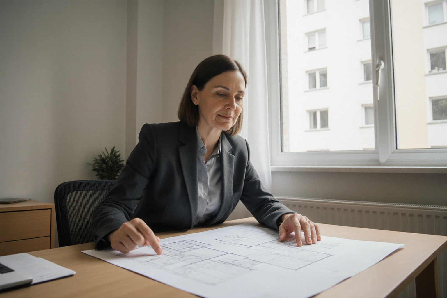 Frau in einem Büro betrachtet Grundrissunterlagen